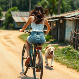 A beautiful Korean woman wearing a white tank top, short denim jeans, and flip-flops rides a bicycle at full speed while being chased by a dog