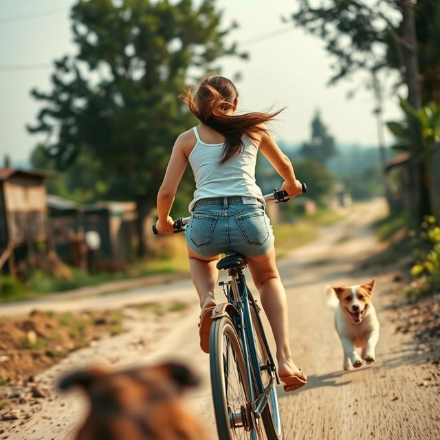 A beautiful Korean woman wearing a white tank top, short denim jeans, and flip-flops rides a bicycle at full speed while being chased by a dog