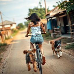 A beautiful Korean woman wearing a white tank top, short denim jeans, and flip-flops rides a bicycle at full speed while being chased by a dog