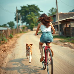 A beautiful Korean woman wearing a white tank top, short denim jeans, and flip-flops rides a bicycle at full speed while being chased by a dog