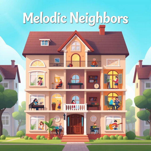 An elegantly designed splash screen for the game 'Melodic Neighbors,' showcasing a single large house that embodies the essence of music creation