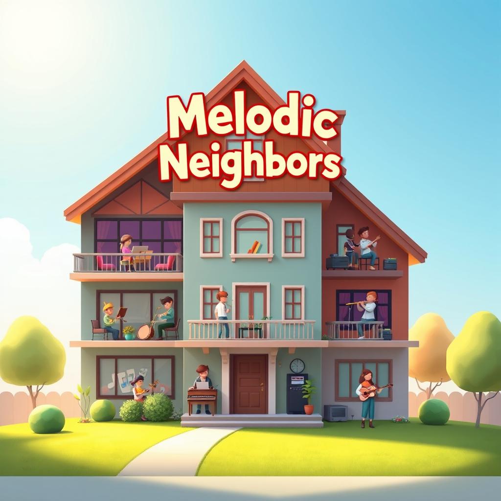 An elegantly designed splash screen for the game 'Melodic Neighbors,' showcasing a single large house that embodies the essence of music creation