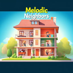 An elegantly designed splash screen for the game 'Melodic Neighbors,' showcasing a single large house that embodies the essence of music creation