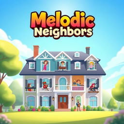 An elegantly designed splash screen for the game 'Melodic Neighbors,' showcasing a single large house that embodies the essence of music creation