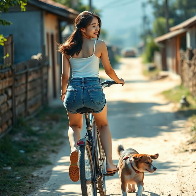 A beautiful Korean woman wearing a white tank top, short denim jeans, and flip-flops, riding a bicycle with a gentle smile while being playfully chased by a dog