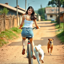 A beautiful Korean woman wearing a white tank top, short denim jeans, and flip-flops, riding a bicycle with a gentle smile while being playfully chased by a dog
