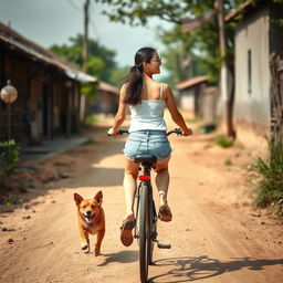 A beautiful Korean woman wearing a white tank top, short denim jeans, and flip-flops, riding a bicycle with a gentle smile while being playfully chased by a dog
