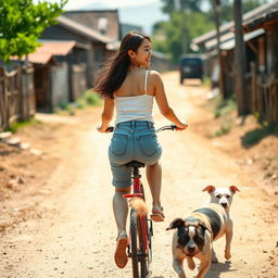 A beautiful Korean woman wearing a white tank top, short denim jeans, and flip-flops, riding a bicycle with a gentle smile while being playfully chased by a dog
