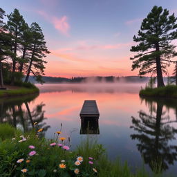 A serene landscape featuring a calm lake at sunrise, reflecting the soft colors of the sky with shades of pastel pink, orange, and purple