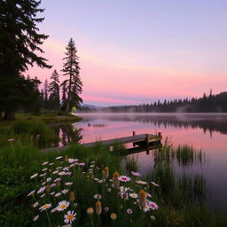 A serene landscape featuring a calm lake at sunrise, reflecting the soft colors of the sky with shades of pastel pink, orange, and purple