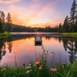 A serene landscape featuring a calm lake at sunrise, reflecting the soft colors of the sky with shades of pastel pink, orange, and purple
