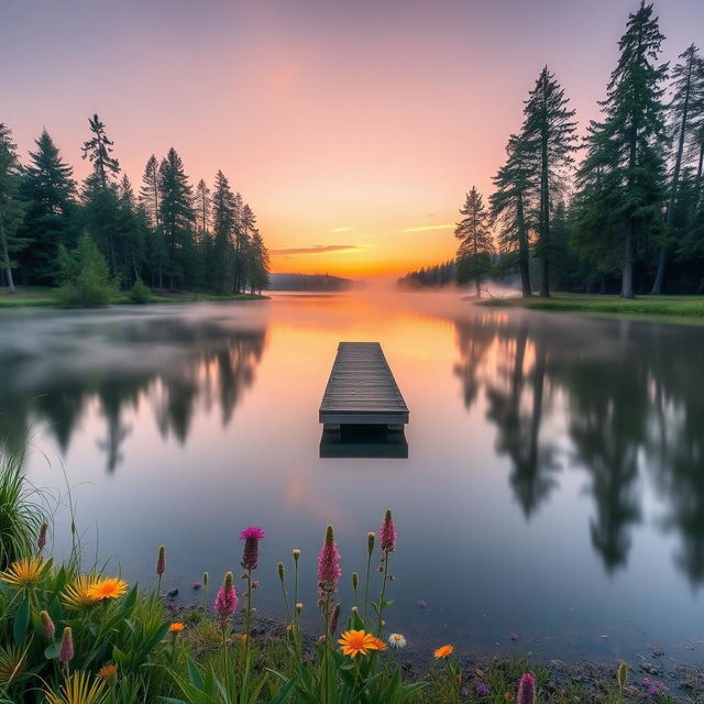 A serene landscape featuring a calm lake at sunrise, reflecting the soft colors of the sky with shades of pastel pink, orange, and purple