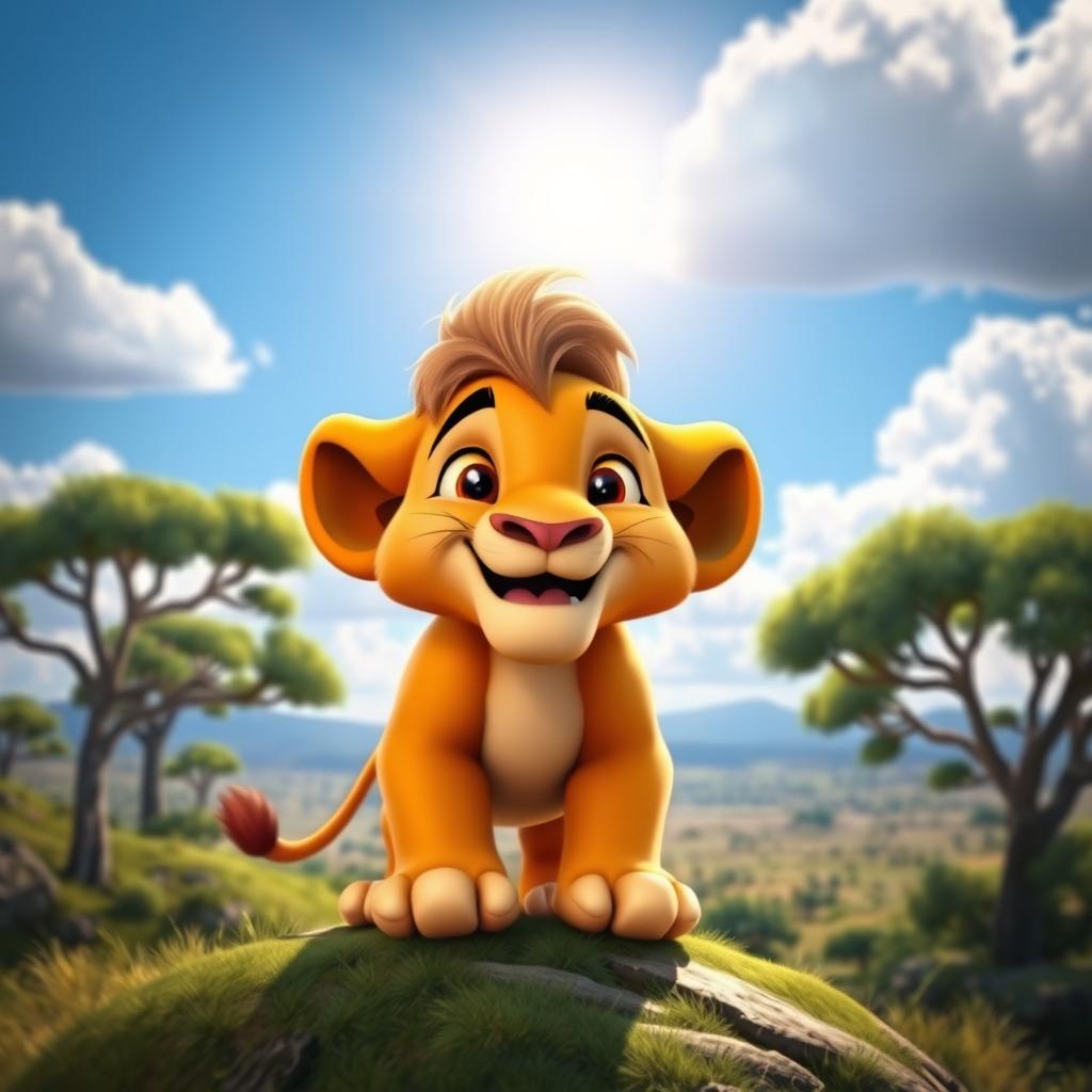 A cheerful 3D rendering of an older Simba from The Lion King, showcasing his vibrant gold fur and joyful expression