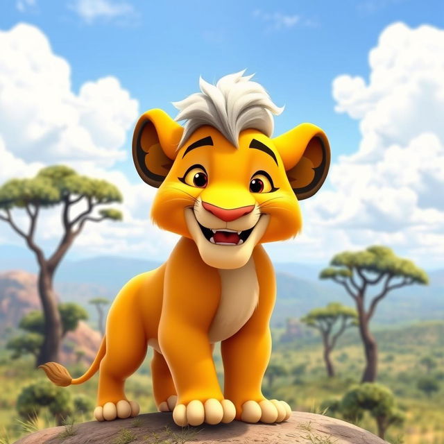 A cheerful 3D rendering of an older Simba from The Lion King, showcasing his vibrant gold fur and joyful expression