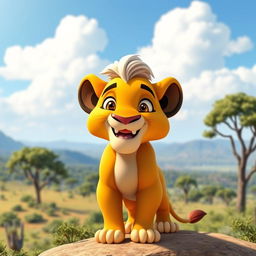 A cheerful 3D rendering of an older Simba from The Lion King, showcasing his vibrant gold fur and joyful expression