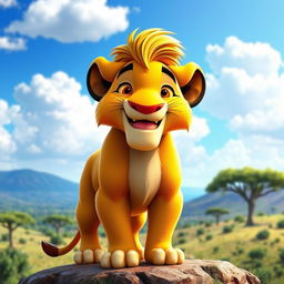 A cheerful 3D rendering of an older Simba from The Lion King, showcasing his vibrant gold fur and joyful expression