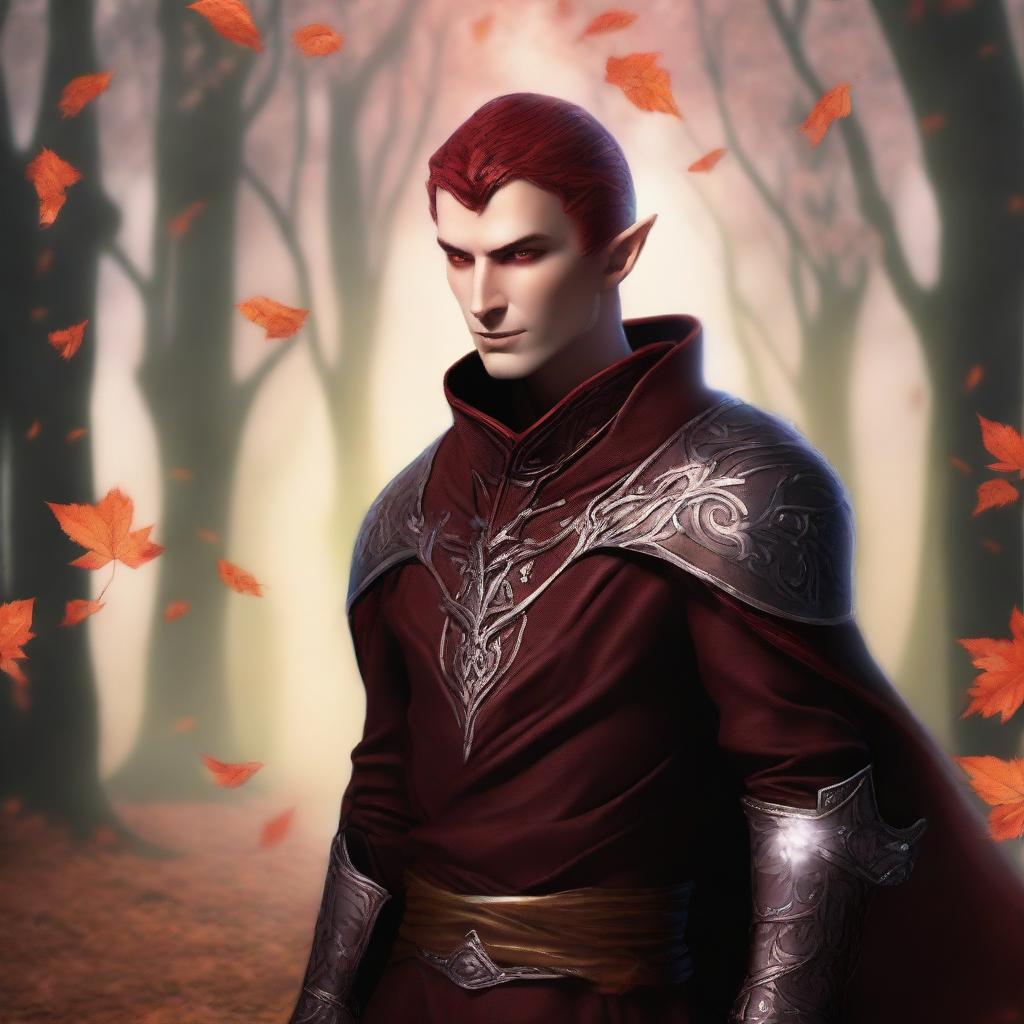 This digital art image portrays a male Fall Eladrin Elf, represented as a cleric