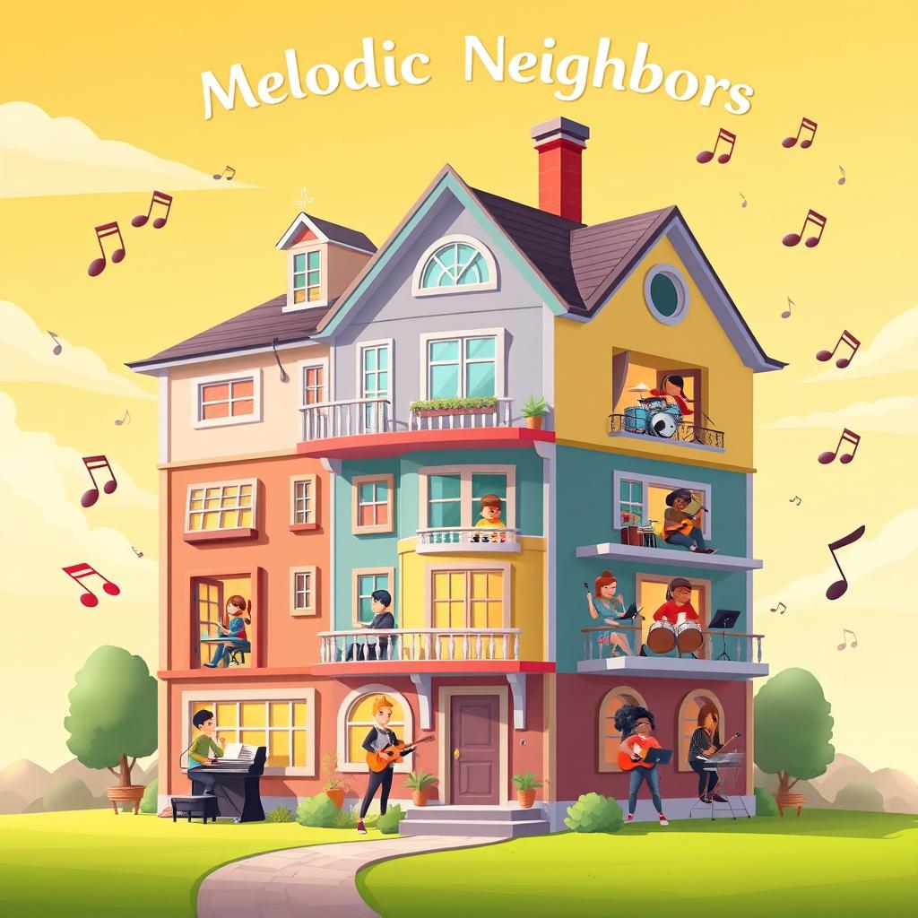 A beautifully crafted and polished splash screen for the game 'Melodic Neighbors,' featuring a single large house that embodies the essence of music creation