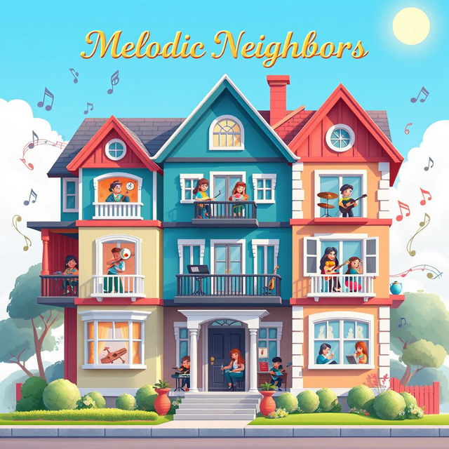 A beautifully crafted and polished splash screen for the game 'Melodic Neighbors,' featuring a single large house that embodies the essence of music creation