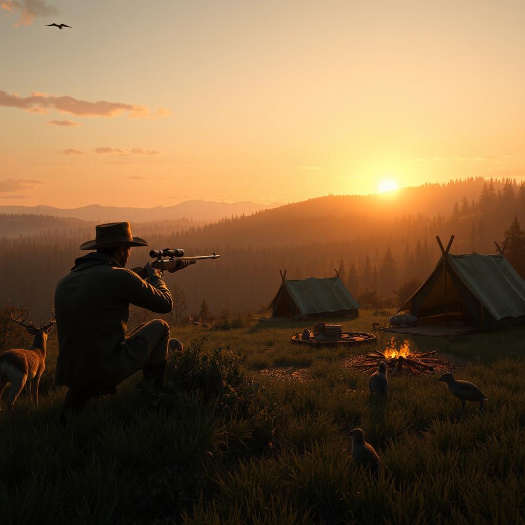 A stunning, cinematic scene from Red Dead Redemption 2 featuring a rugged cowboy hunting wildlife in the vast, open wilderness