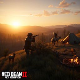 A stunning, cinematic scene from Red Dead Redemption 2 featuring a rugged cowboy hunting wildlife in the vast, open wilderness