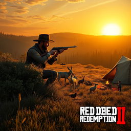 A stunning, cinematic scene from Red Dead Redemption 2 featuring a rugged cowboy hunting wildlife in the vast, open wilderness