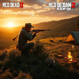 A stunning, cinematic scene from Red Dead Redemption 2 featuring a rugged cowboy hunting wildlife in the vast, open wilderness
