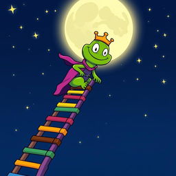 A whimsical cartoon illustration of King Wart, also known as Mamu, climbing a colorful ladder that stretches up to the moon