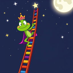 A whimsical cartoon illustration of King Wart, also known as Mamu, climbing a colorful ladder that stretches up to the moon