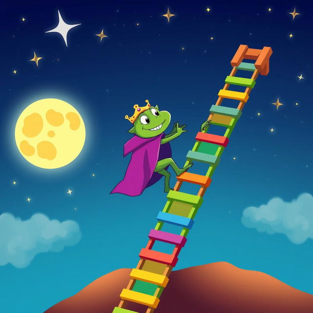 A whimsical cartoon illustration of King Wart, also known as Mamu, climbing a colorful ladder that stretches up to the moon