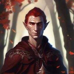 This digital art image portrays a male Fall Eladrin Elf, represented as a cleric