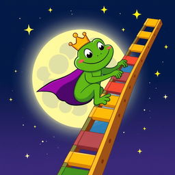 A whimsical cartoon illustration of King Wart, also known as Mamu, climbing a colorful ladder that stretches up to the moon