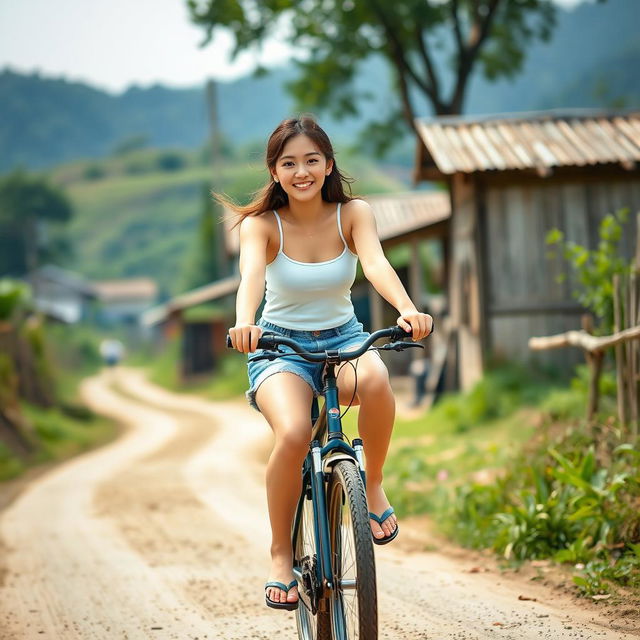 A beautiful Korean woman wearing a white tank top, denim shorts, and flip flops, smiling gently as she rides a bicycle, pedaling as fast as she can