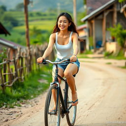 A beautiful Korean woman wearing a white tank top, denim shorts, and flip flops, smiling gently as she rides a bicycle, pedaling as fast as she can