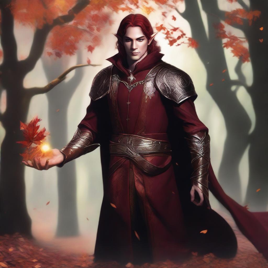 This digital art image portrays a male Fall Eladrin Elf, represented as a cleric