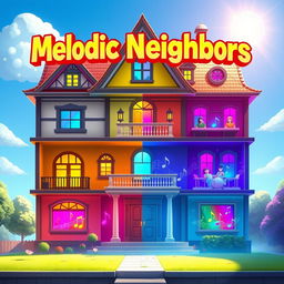An intricately designed splash screen for the game 'Melodic Neighbors,' focusing on a single large house that represents the essence of music creation