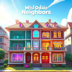 An intricately designed splash screen for the game 'Melodic Neighbors,' focusing on a single large house that represents the essence of music creation