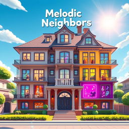 An intricately designed splash screen for the game 'Melodic Neighbors,' focusing on a single large house that represents the essence of music creation