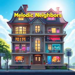 An intricately designed splash screen for the game 'Melodic Neighbors,' focusing on a single large house that represents the essence of music creation