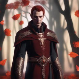 This digital art image portrays a male Fall Eladrin Elf, represented as a cleric