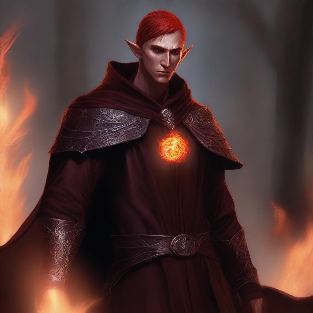 This digital art image vividly illustrates a male Fall Eladrin Elf, in the role of a cleric