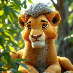 A 3D representation of an older Simba from The Lion King, featuring a calm and neutral expression that conveys wisdom and serenity