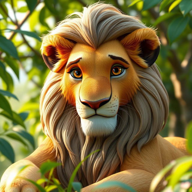 A 3D representation of an older Simba from The Lion King, featuring a calm and neutral expression that conveys wisdom and serenity