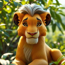 A 3D representation of an older Simba from The Lion King, featuring a calm and neutral expression that conveys wisdom and serenity