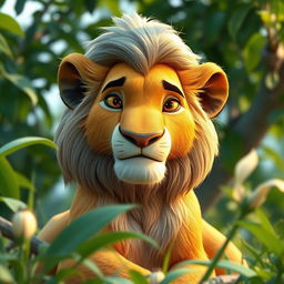 A 3D representation of an older Simba from The Lion King, featuring a calm and neutral expression that conveys wisdom and serenity