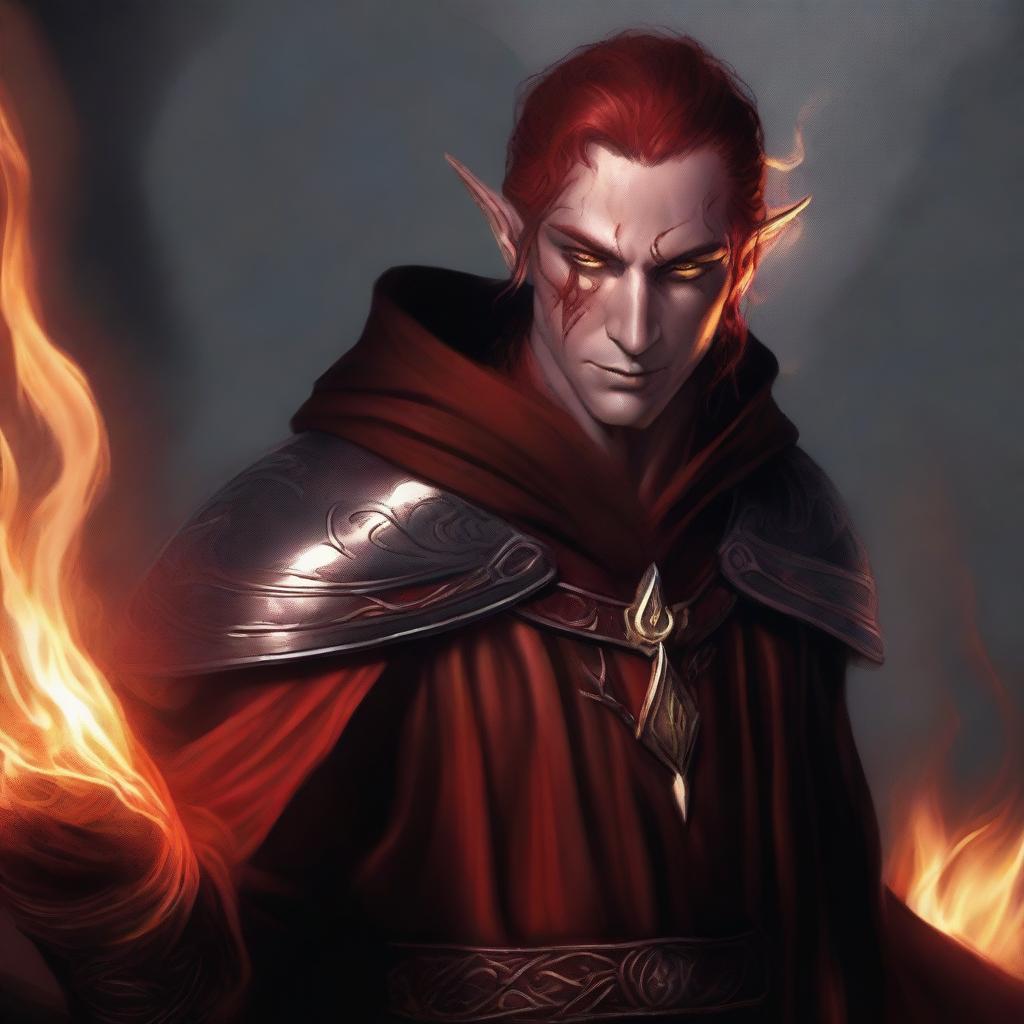 This digital art image vividly illustrates a male Fall Eladrin Elf, in the role of a cleric