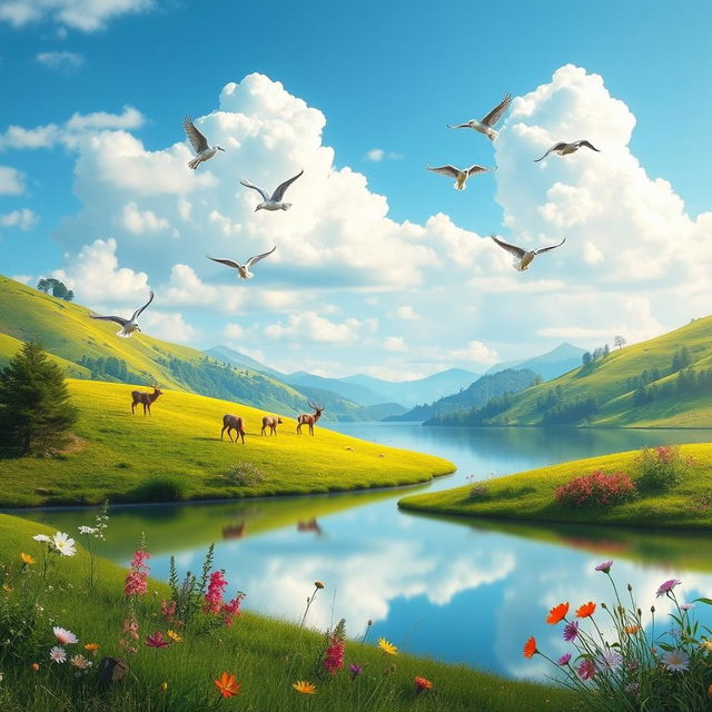 A serene representation of harmony in nature, depicting a peaceful landscape featuring lush green hills, a calm lake reflecting a bright blue sky with fluffy white clouds, and diverse wildlife peacefully coexisting, such as deer grazing, birds flying in formation, and vibrant flowers blooming