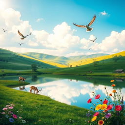 A serene representation of harmony in nature, depicting a peaceful landscape featuring lush green hills, a calm lake reflecting a bright blue sky with fluffy white clouds, and diverse wildlife peacefully coexisting, such as deer grazing, birds flying in formation, and vibrant flowers blooming