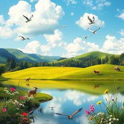 A serene representation of harmony in nature, depicting a peaceful landscape featuring lush green hills, a calm lake reflecting a bright blue sky with fluffy white clouds, and diverse wildlife peacefully coexisting, such as deer grazing, birds flying in formation, and vibrant flowers blooming