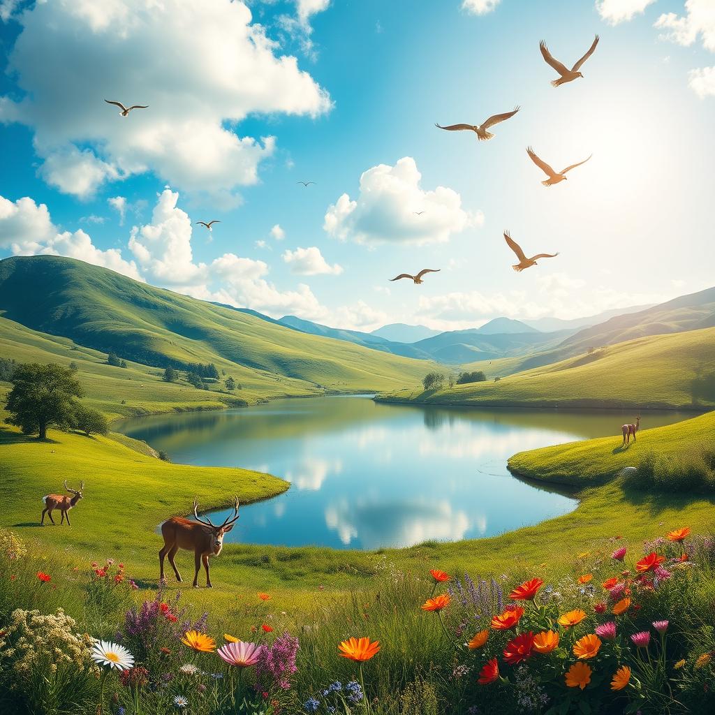 A serene representation of harmony in nature, depicting a peaceful landscape featuring lush green hills, a calm lake reflecting a bright blue sky with fluffy white clouds, and diverse wildlife peacefully coexisting, such as deer grazing, birds flying in formation, and vibrant flowers blooming